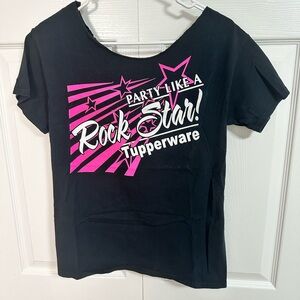 Tupperware Logo Black Tee with Pink Star Design